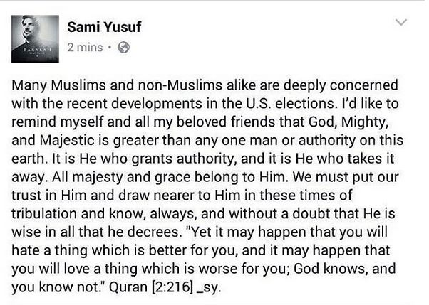واکنش سامی یوسف به انتخابات آمریکا+عکس