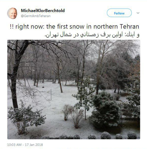 توئیت سفیر آلمان اولین برف زمستانی در تهران + عکس