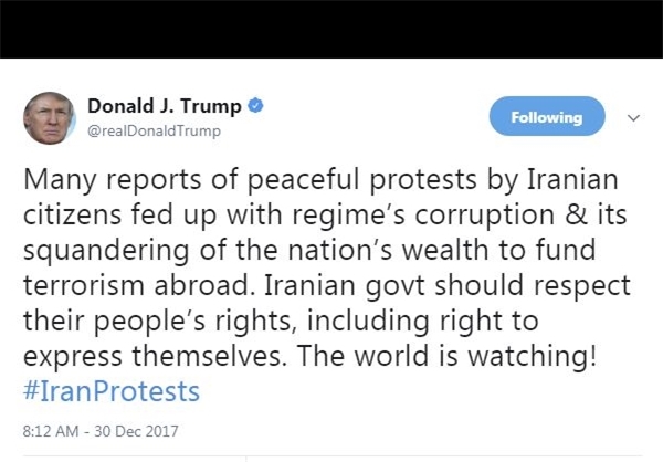 توییت ترامپ در حمایت از تجمعات اعتراضی در ایران