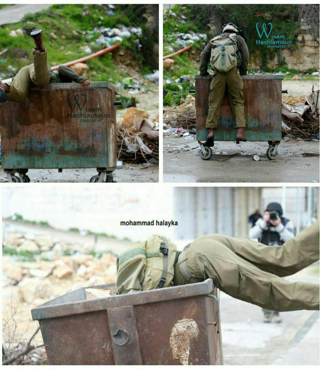 سقوط یک نظامی صهیونیست در سطل زباله + عکس