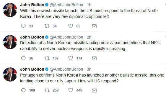 جان بولتون خواستار جنگ با کره شمالی شد +توئیت