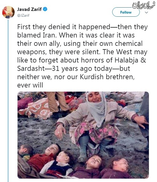 واکنش توئیتری ظریف به فاجعه شیمیایی حلبچه