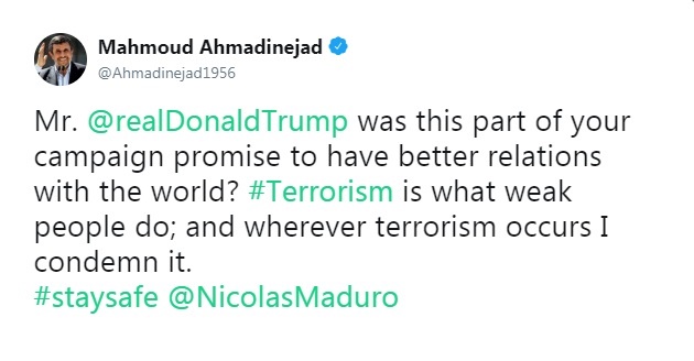پیام انگلیسی احمدی نژاد به ترامپ، مادورو و مردم جهان