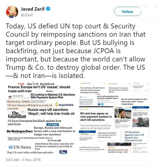 ظریف: آنکه منزوی شده واشنگتن است نه تهران + عکس