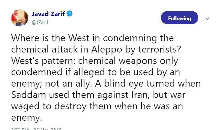 واکنش توییتری ظریف به حمله شیمیایی در حلب + عکس