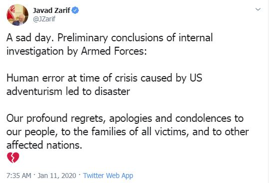 عذرخواهی و تسلیت ظریف در پی اعلام نتایج اولیه علت سقوط هواپیمای اوکراینی