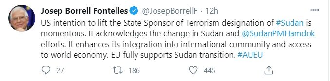 «جوزف بورل» از توافق سودان-آمریکا استقبال کرد