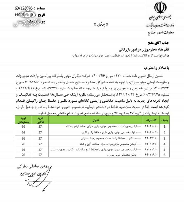 نامه مقام مسئول وزارت صمت برای واردات لباس موتورسواری در روزهای آخر دولت +سند
