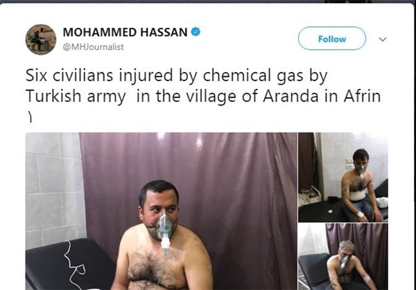 حمله شیمیایی ترکیه به عفرین/ 6 نفر مجروح شدند
