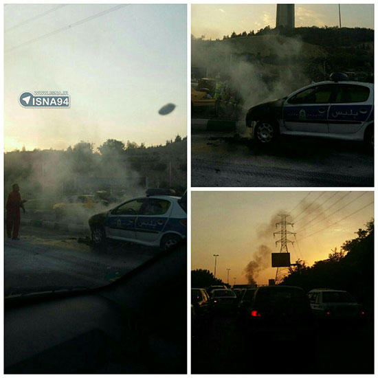 آتش گرفتن خودرو پلیس راهور در حاشیه برج میلاد + عکس