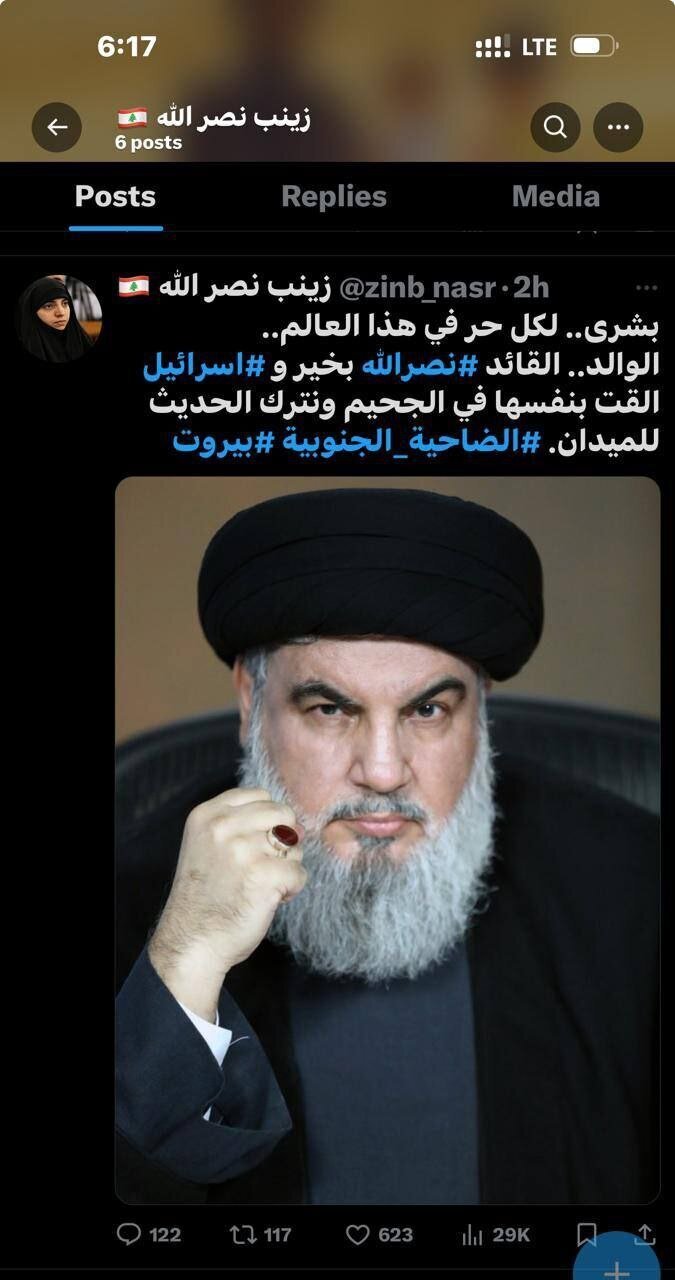 توئیت منتسب به دختر نصرالله درباره وضعیت پدرش +عکس