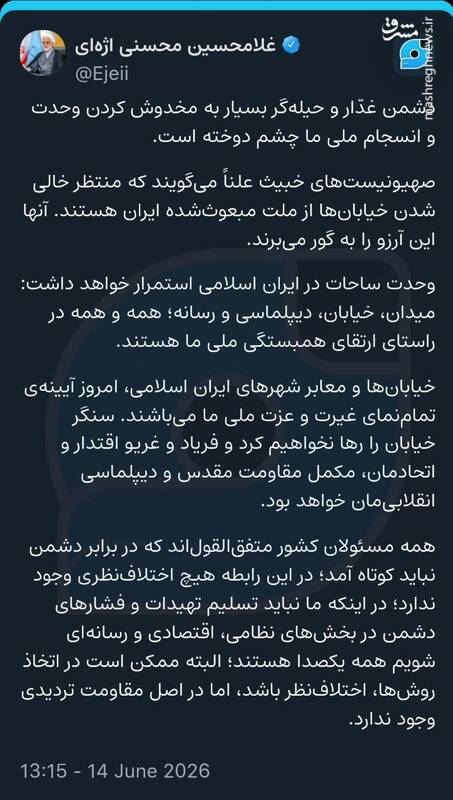 اژه ای: خیابانهای ایران، آیینه غیرت و عزت ملی هستند اژه ای: خیابانهای ایران، آیینه غیرت و عزت ملی هستند